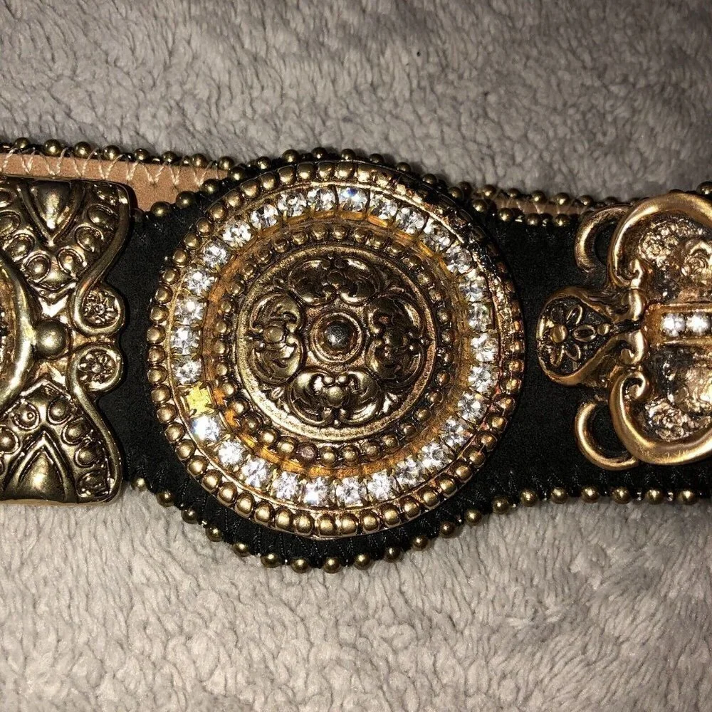 Vintage IBEL Italy Black Suede Adjustable Gold Buckle Details Jewels Waist